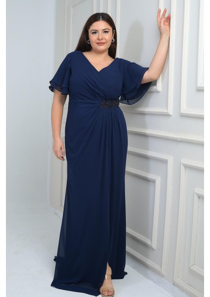 Kadın Arka V Yaka Astarlı Bel Boncuk Detaylı Darapel Büyük Beden Krep Şifon Elbise