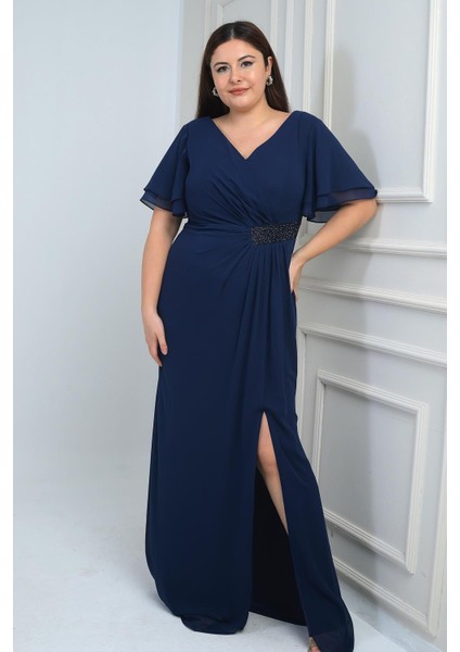 Kadın Arka V Yaka Astarlı Bel Boncuk Detaylı Darapel Büyük Beden Krep Şifon Elbise fiyatları