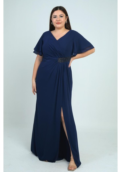 Kadın Arka V Yaka Astarlı Bel Boncuk Detaylı Darapel Büyük Beden Krep Şifon Elbise modelleri