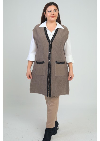 Kadın Şerit Detaylı Cepli Büyük Beden Simli Triko Uzun Yelek fiyatları