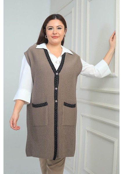 Kadın Şerit Detaylı Cepli Büyük Beden Simli Triko Uzun Yelek modelleri