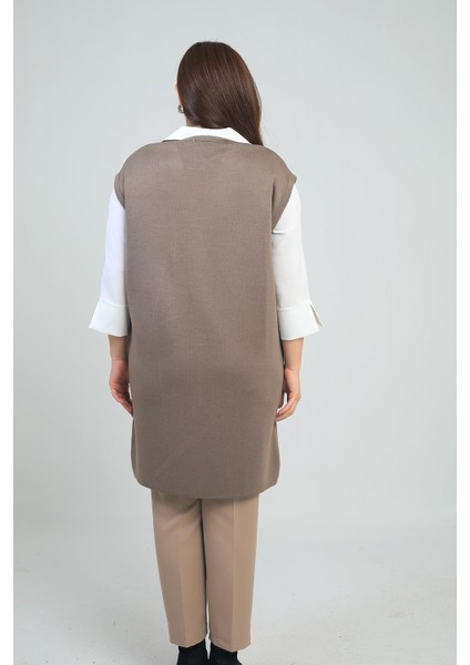 Kadın Şerit Detaylı Cepli Büyük Beden Simli Triko Uzun Yelek fırsatları