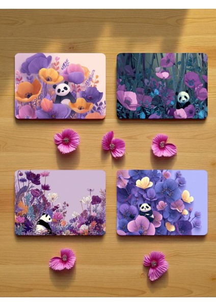 Panda ve Çiçek Baskılı Mousepad 4'lü Mouse Pad Seti 17X21 cm