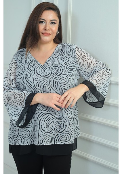 Kadın V Yaka Desenli Büyük Beden Şifon Bluz