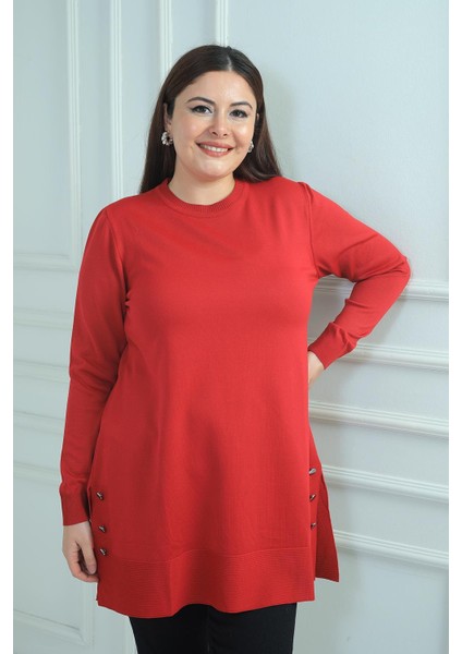 Kadın Yanları Düğme Detaylı Yırtmaçlı Büyük Beden Triko Tunik Bluz