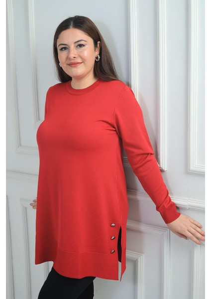 Kadın Yanları Düğme Detaylı Yırtmaçlı Büyük Beden Triko Tunik Bluz fiyatları