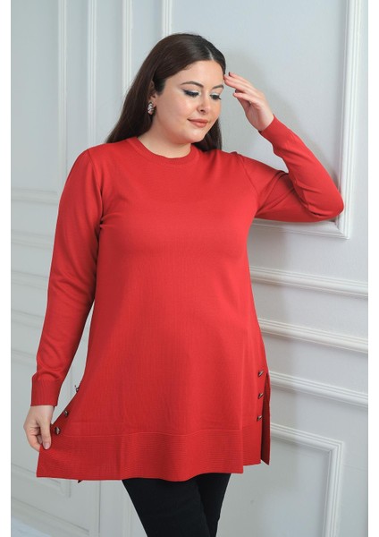 Kadın Yanları Düğme Detaylı Yırtmaçlı Büyük Beden Triko Tunik Bluz modelleri