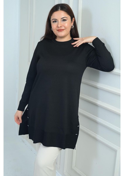 Kadın Yanları Düğme Detaylı Yırtmaçlı Büyük Beden Triko Tunik Bluz