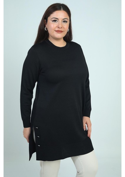 Kadın Yanları Düğme Detaylı Yırtmaçlı Büyük Beden Triko Tunik Bluz fiyatları