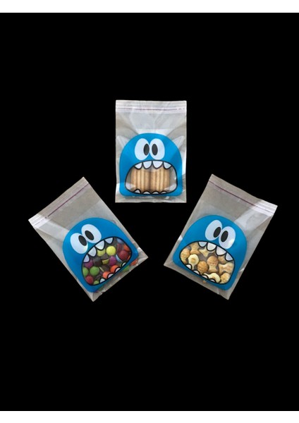 100 Adet 10X14 cm Mavi Canavar Figürlü Bantlı Şeffaf Opp Jelatin Poşet, Kurabiye Poşeti