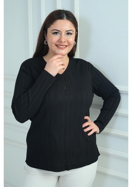 Kadın V Yaka Önü Şerit Taş Baskılı Fitilli Büyük Beden Soğuk Iplik Triko Bluz