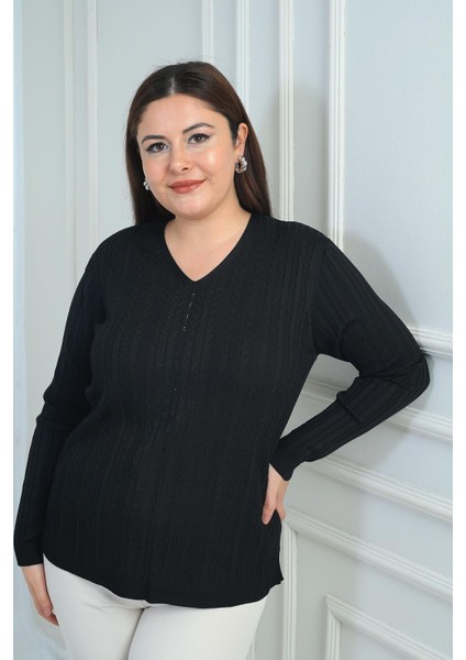 Kadın V Yaka Önü Şerit Taş Baskılı Fitilli Büyük Beden Soğuk Iplik Triko Bluz fiyatları