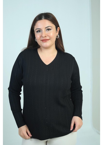 Kadın V Yaka Önü Şerit Taş Baskılı Fitilli Büyük Beden Soğuk Iplik Triko Bluz modelleri