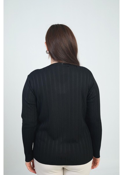 Kadın V Yaka Önü Şerit Taş Baskılı Fitilli Büyük Beden Soğuk Iplik Triko Bluz fırsatları