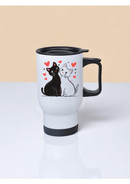 Kalpli Kediler Baskılı Kulplu Çelik Bardak Termos 450 ml