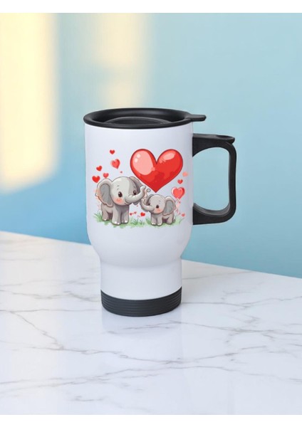 Kalpli Fil Baskılı Kulplu Çelik Bardak Termos 450 ml