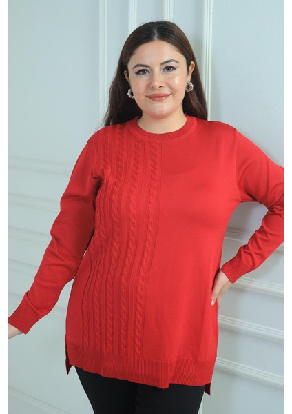 Kadın Tek Taraf Saç Örgülü Büyük Beden Likralı Tunik Bluz