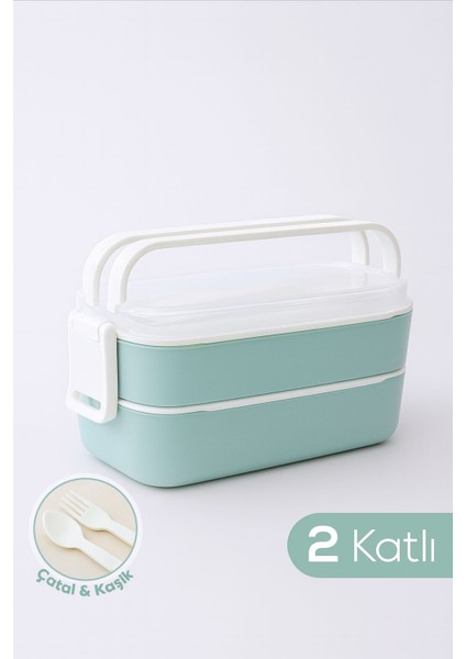 Iki Katlı Saklama ve Öğün Kabı - Çatal & Kaşık Dahil - Okul Için Uygun - Mint modelleri