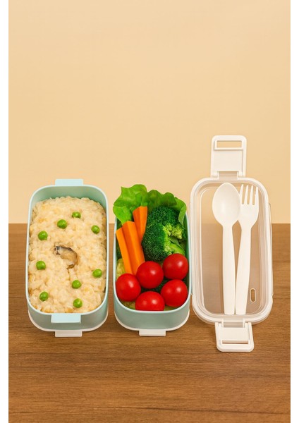 Iki Katlı Saklama ve Öğün Kabı - Çatal & Kaşık Dahil - Okul Için Uygun - Mint fırsatları