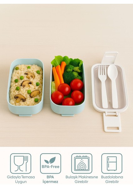 Iki Katlı Saklama ve Öğün Kabı - Çatal & Kaşık Dahil - Okul Için Uygun - Mint indirimleri