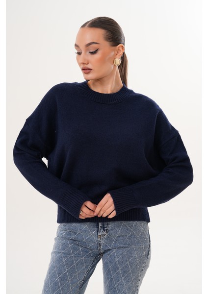 Oversize Bisiklet Yaka Lacivert Kazak