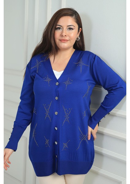 Kadın Kolları Düğme Detaylı Zımbalı Büyük Beden Uzun Hırka fiyatları