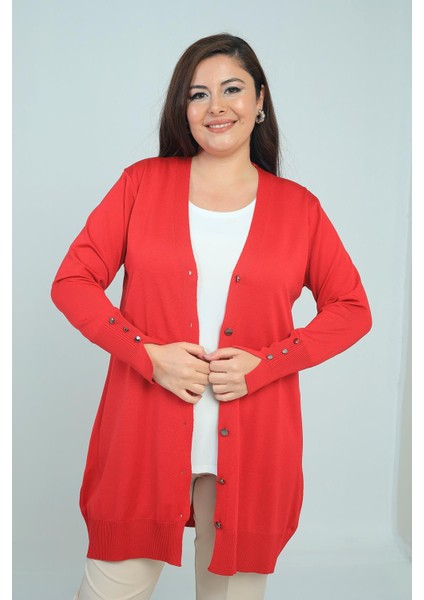 Kadın Kolları Düğme Detaylı Soğuk Iplik Büyük Beden Uzun Hırka modelleri