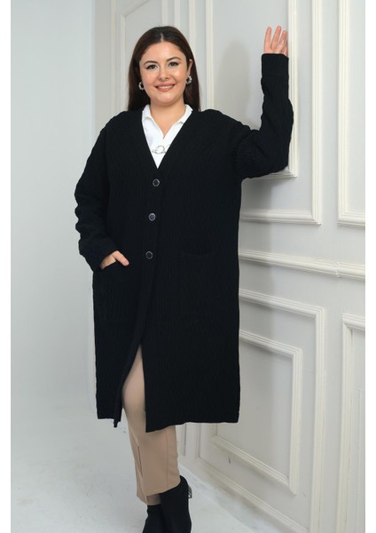 Kadın Cepli Büyük Beden Likralı Triko Hırka