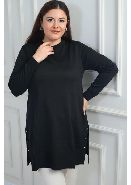Kadın Yanları Düğme Detaylı Yırtmaçlı Büyük Beden Triko Tunik Bluz modelleri