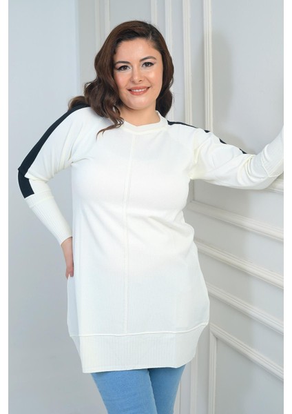 Kadın Kolları Şeritli Büyük Beden Tunik Bluz