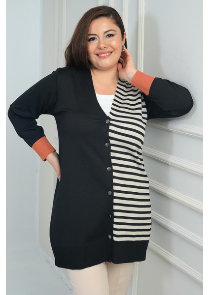 Kadıntek Tarafı Enine Çizgili Büyük Beden Uzun Hırka