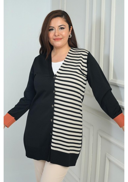 Kadıntek Tarafı Enine Çizgili Büyük Beden Uzun Hırka fiyatları