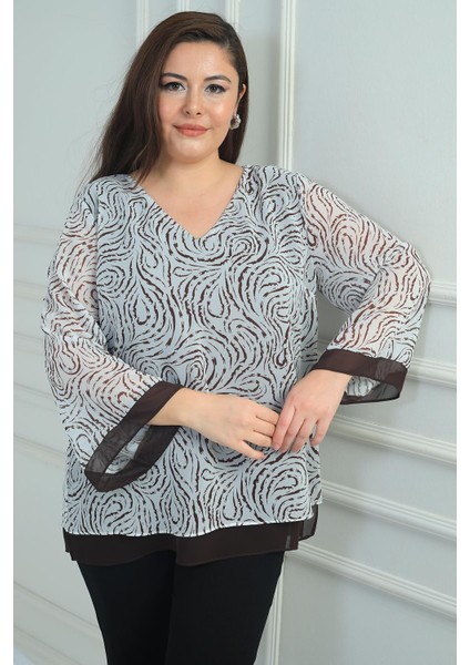 Kadın V Yaka Desenli Büyük Beden Şifon Bluz