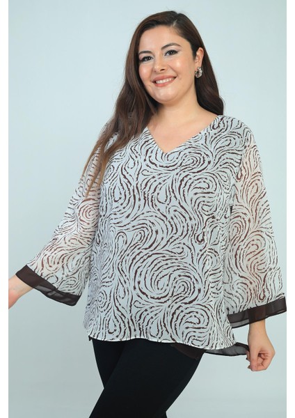 Kadın V Yaka Desenli Büyük Beden Şifon Bluz fiyatları