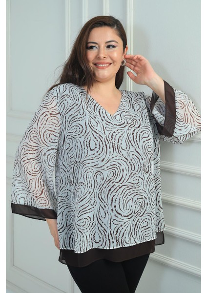 Kadın V Yaka Desenli Büyük Beden Şifon Bluz modelleri