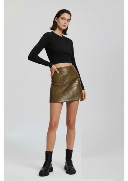 Haki Kroko Desenli Hakiki Deri Mini Etek