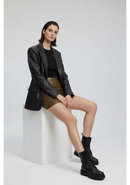 Haki Kroko Desenli Hakiki Deri Mini Etek modelleri