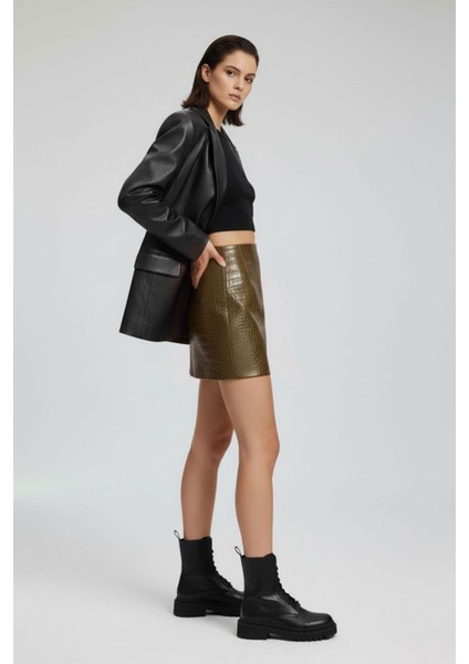 Haki Kroko Desenli Hakiki Deri Mini Etek fırsatları