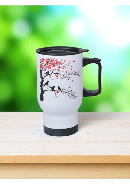 Kuş ve Ağaç Baskılı Kulplu Çelik Bardak Termos 450 ml