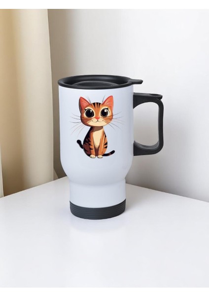 Sevimli Kedicik Baskılı Kulplu Çelik Bardak Termos 450 ml