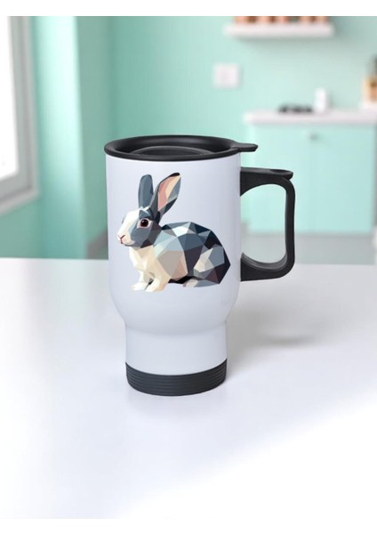 Modern Tavşan Baskılı Kulplu Çelik Bardak Termos 450 ml