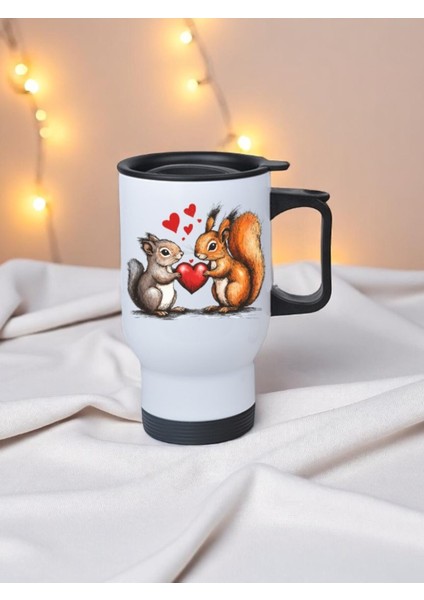 Kalpli Sincap Kız Baskılı Kulplu Çelik Bardak Termos 450 ml