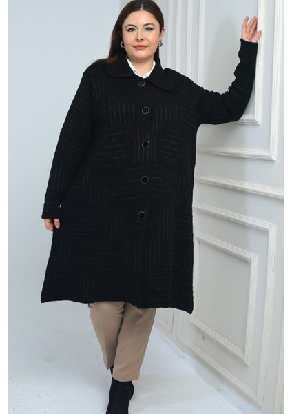 Kadın Önü Düğmeli Cepli Büyük Beden Likralı Triko Kaban