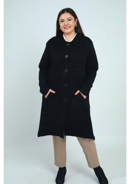 Kadın Önü Düğmeli Cepli Büyük Beden Likralı Triko Kaban fiyatları