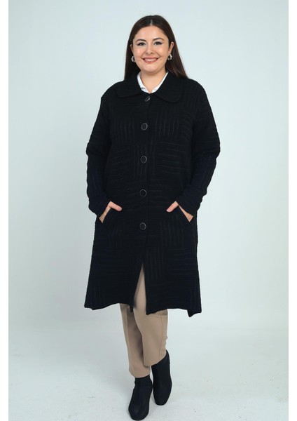 Kadın Önü Düğmeli Cepli Büyük Beden Likralı Triko Kaban modelleri