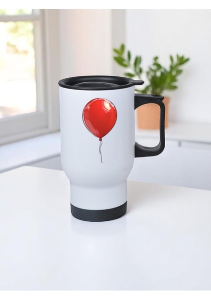 Kırmızı Balon Baskılı Kulplu Çelik Bardak Termos 450 ml