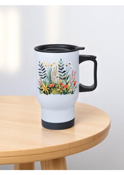 Çiçekler Baskılı Kulplu Çelik Bardak Termos 450 ml