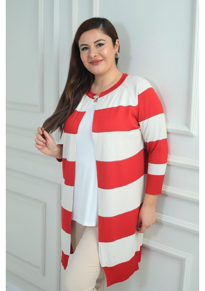 Kadın Enine Kalın Çizgili Büyük Beden Hırka