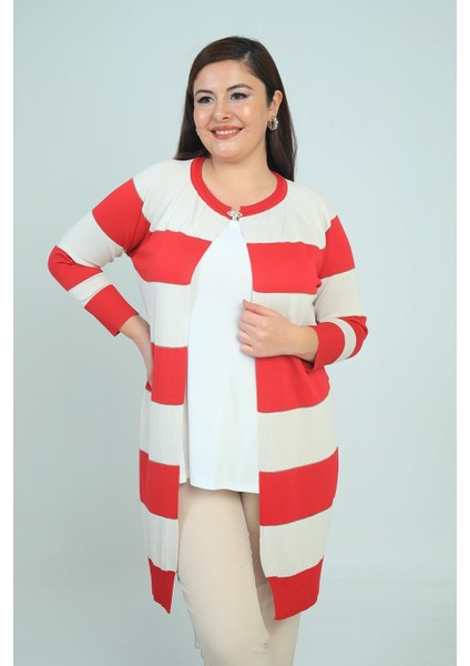 Kadın Enine Kalın Çizgili Büyük Beden Hırka modelleri