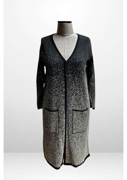 Kadın Karyağdı Desen Cepli Büyük Beden Triko Uzun Hırka